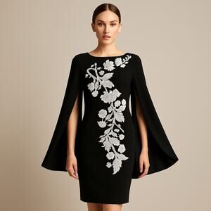 Theia Black Cape Sleeve Sheath Dress Women’s 4 Floral Appliqué Cocktail Evening